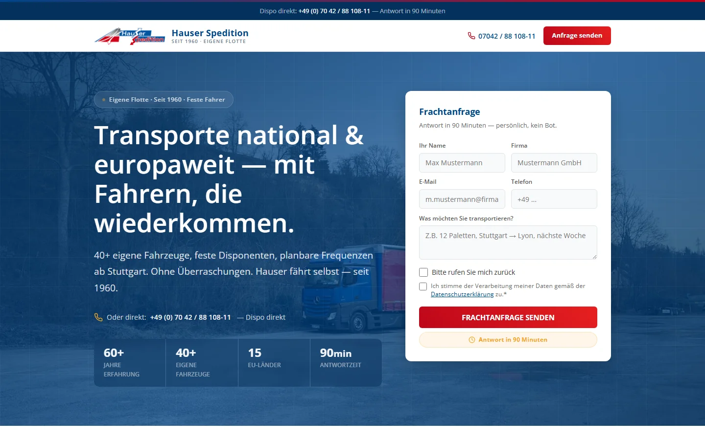 Hauser Spedition Landing Page